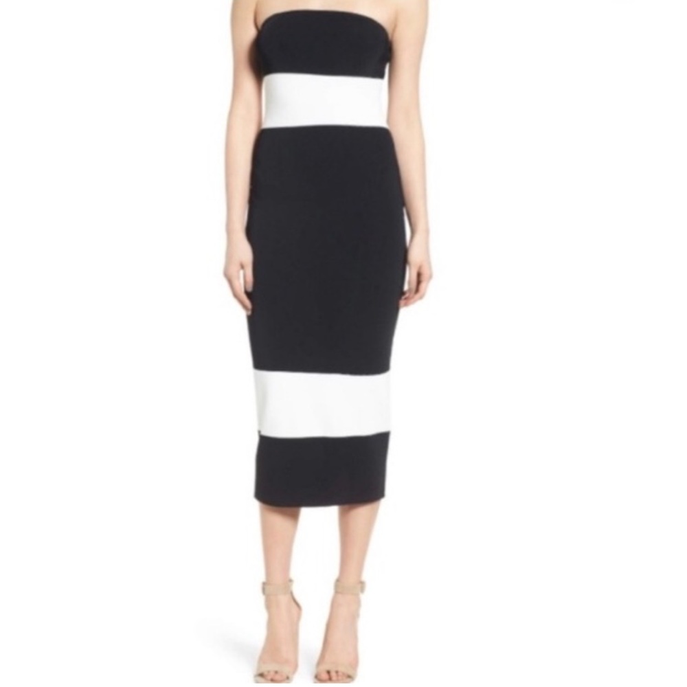 Trouve Black and White Bodycon Strapless Colorblock Midi Dress